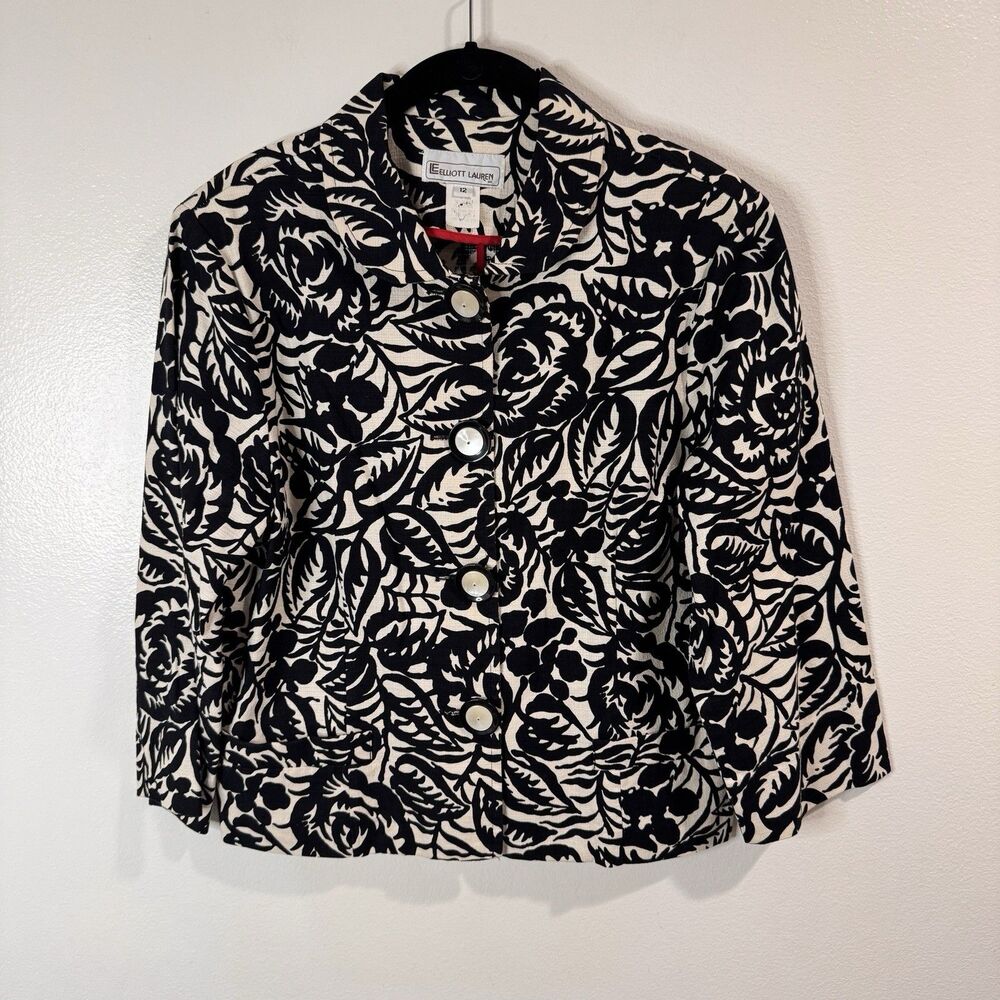 Vintage Elliot Lauren Blazer Jacket 12 Cotton Canvas Black White Floral Artsy